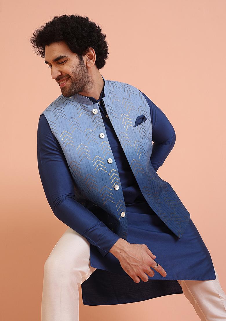 Blue Embellished Cotton Nehru Jacket For Men
