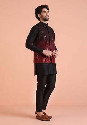 Maroon Embellished Cotton Nehru Jacket For Men