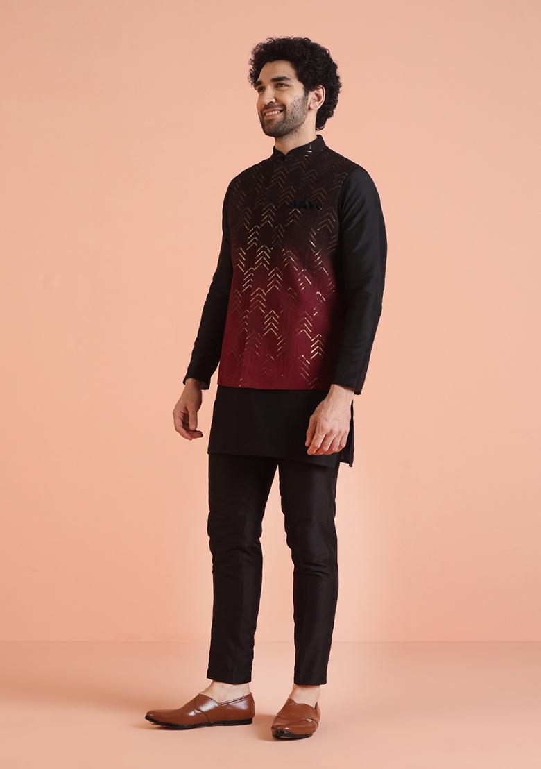 Maroon Embellished Cotton Nehru Jacket For Men
