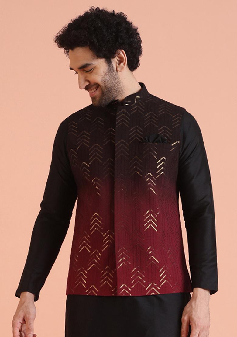 Maroon Embellished Cotton Nehru Jacket For Men