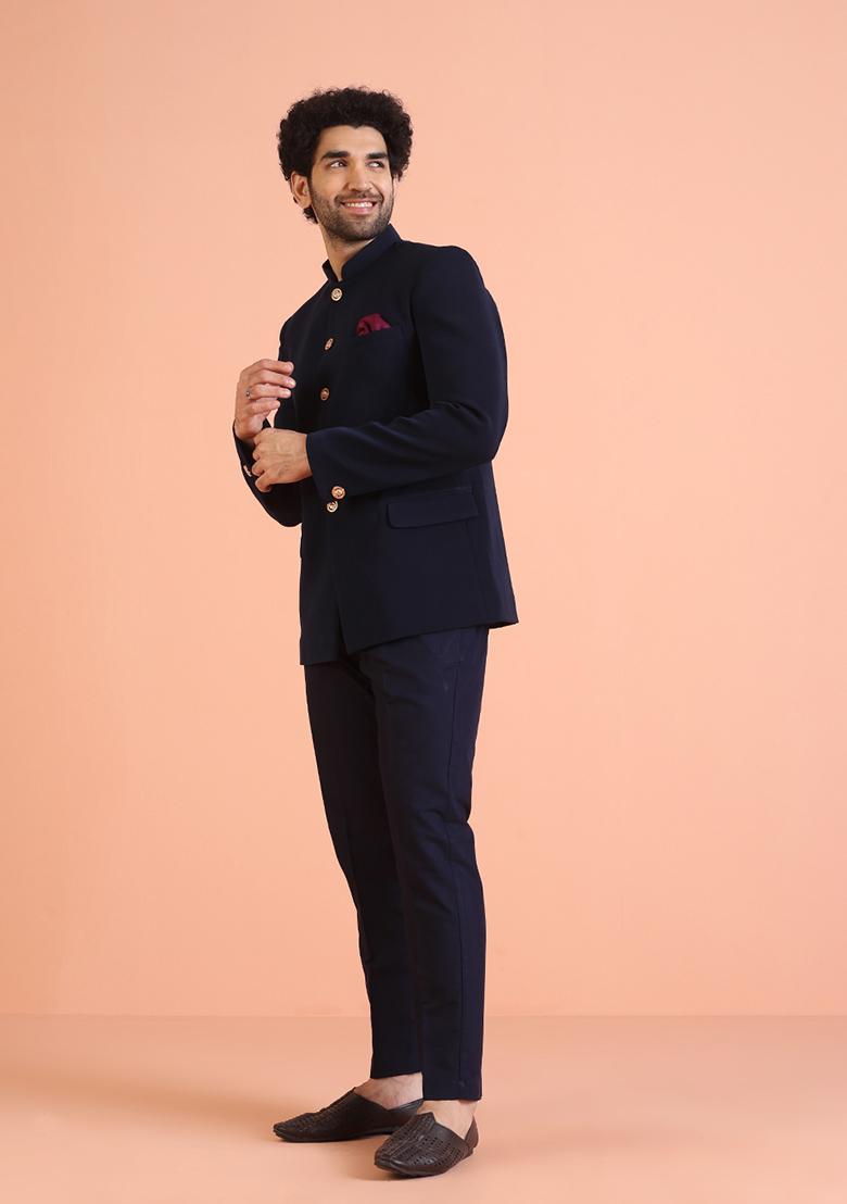 Black Solid Cotton Bandhgala Jacket For Men