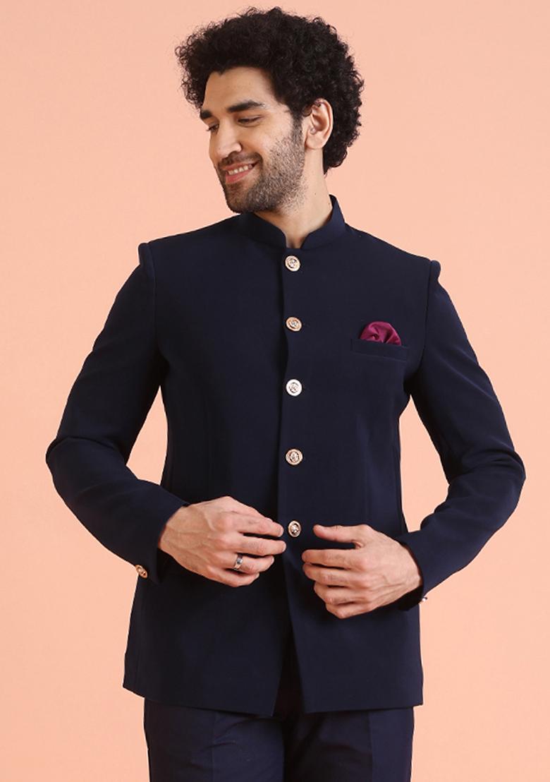 Black Solid Cotton Bandhgala Jacket For Men