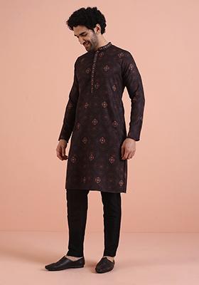 Black Printed Cotton Kurta Set For Men