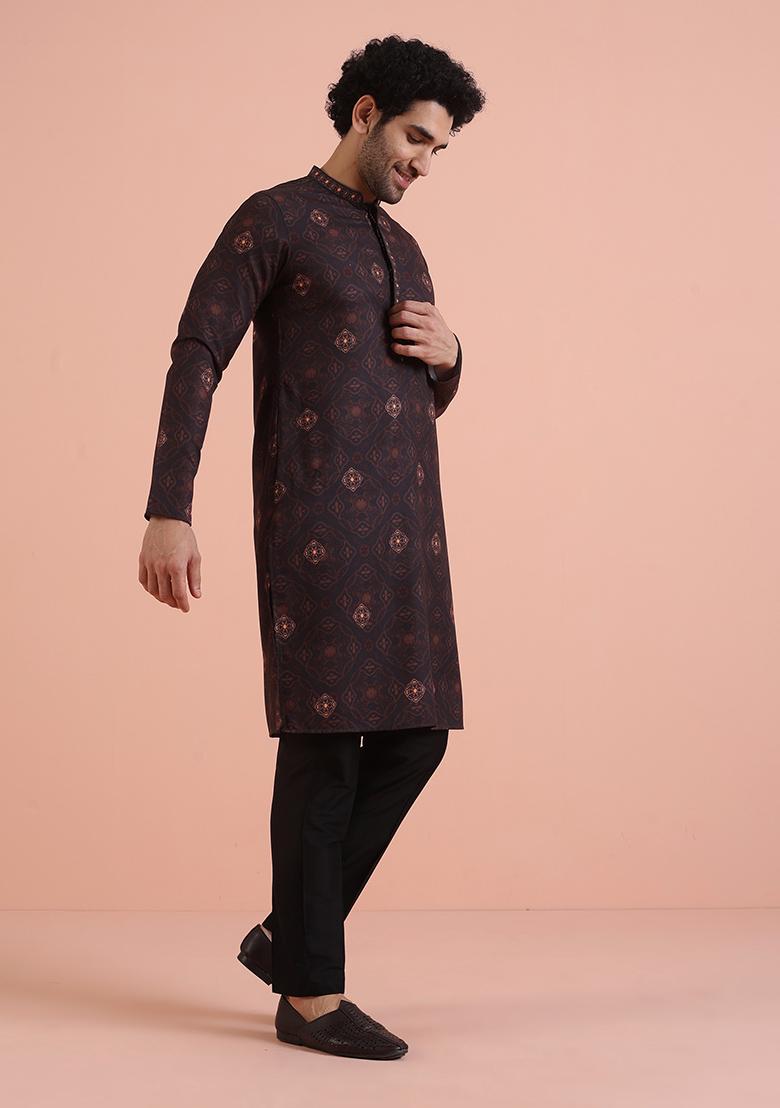 Black Printed Cotton Kurta Set For Men