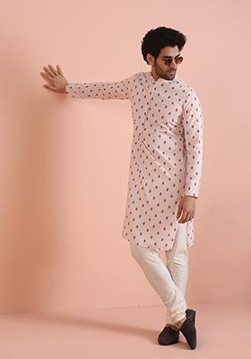 White Printed Cotton Kurta Set For Men