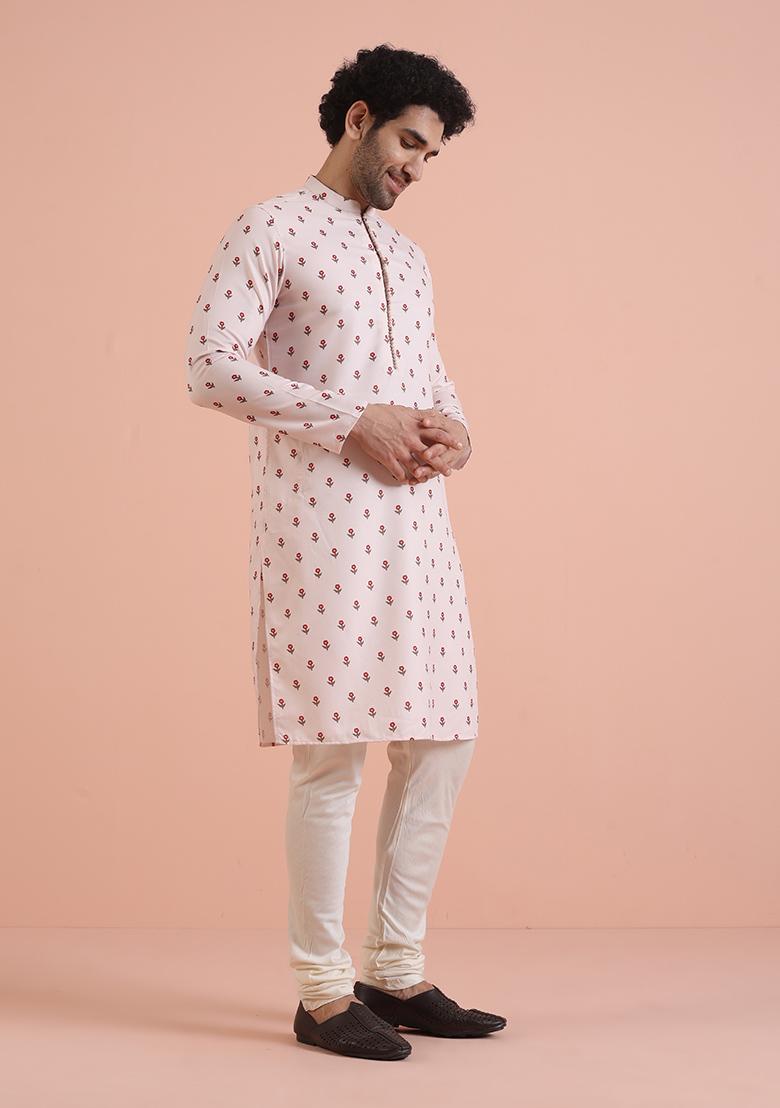 White Printed Cotton Kurta Set For Men