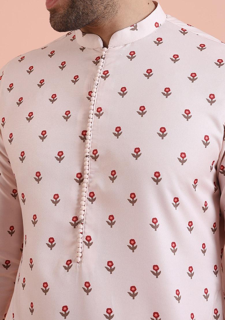 White Printed Cotton Kurta Set For Men