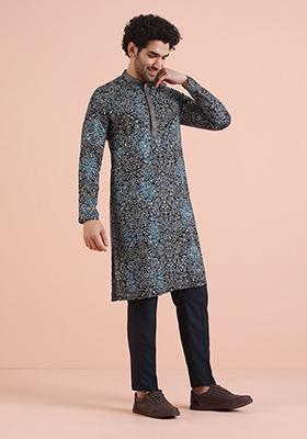 Navy Blue Printed Cotton Kurta Set For Men