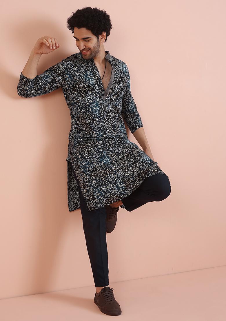 Navy Blue Printed Cotton Kurta Set For Men