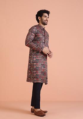 Navy Blue Printed Cotton Kurta Set For Men