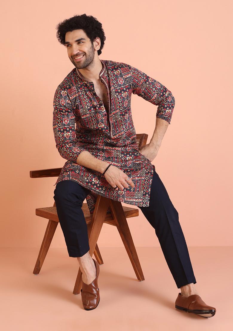Navy Blue Printed Cotton Kurta Set For Men