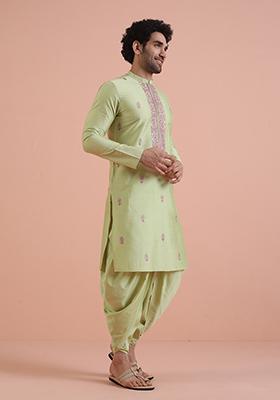 Green Embroidered Cotton Kurta Set For Men