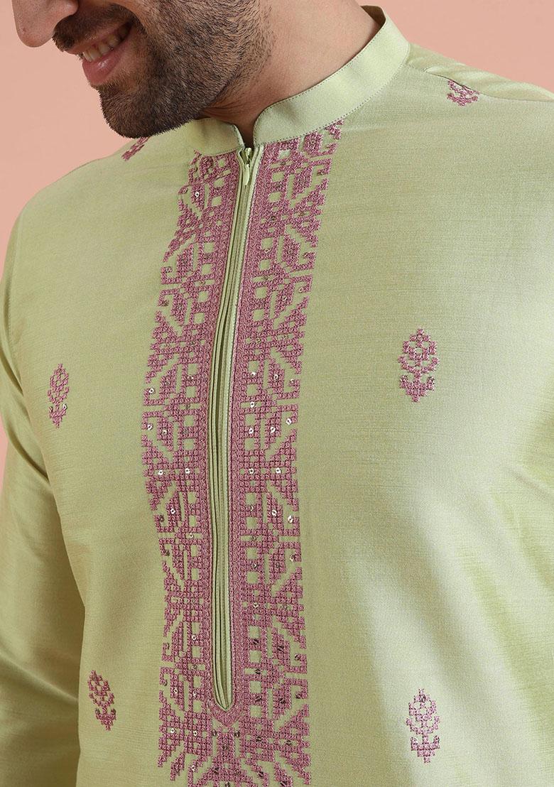 Green Embroidered Cotton Kurta Set For Men