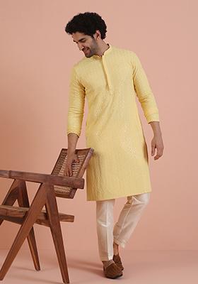 Yellow Embroidered Cotton Kurta Set For Men