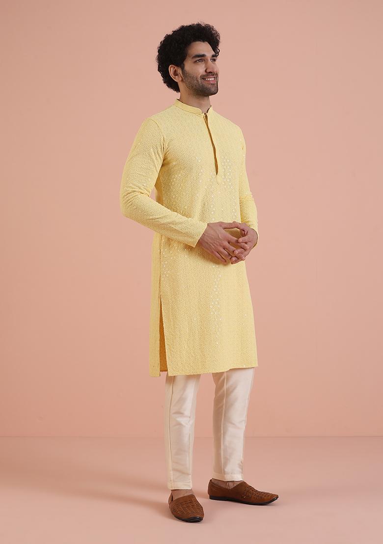 Yellow Embroidered Cotton Kurta Set For Men