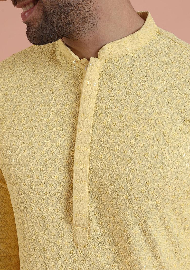 Yellow Embroidered Cotton Kurta Set For Men