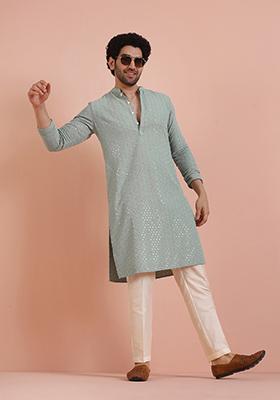 Green Embroidered Cotton Kurta Set For Men
