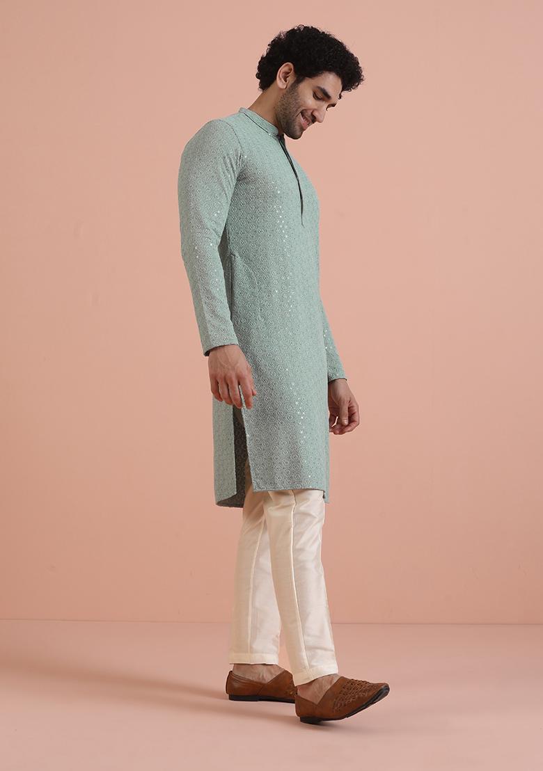 Green Embroidered Cotton Kurta Set For Men