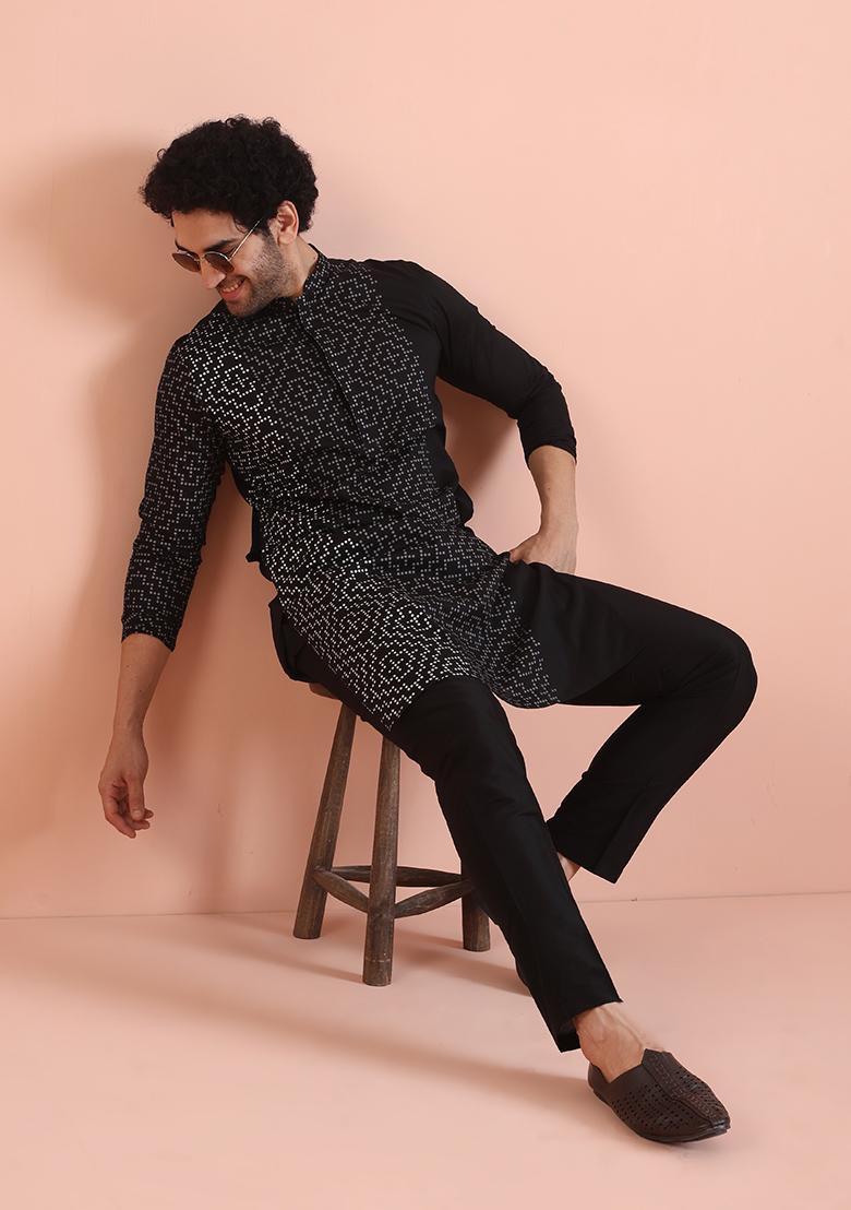 Black Printed Cotton Kurta Set For Men