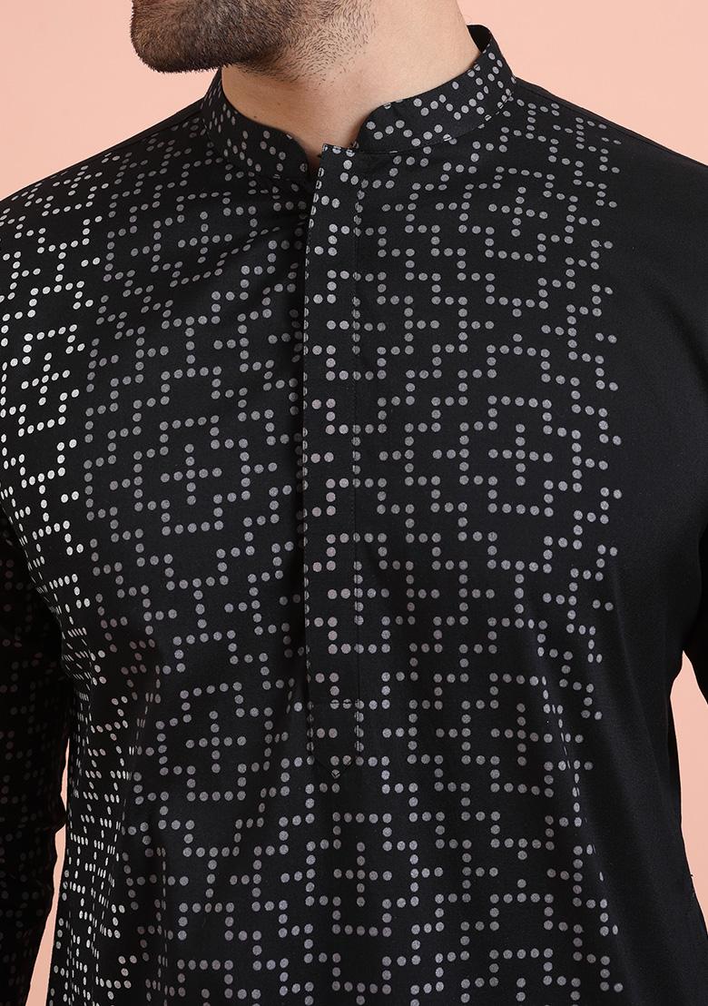 Black Printed Cotton Kurta Set For Men