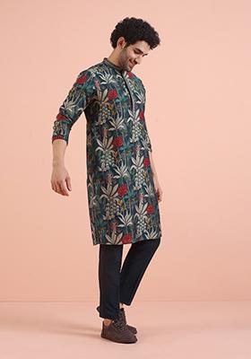 Blue Printed Cotton Kurta Set For Men