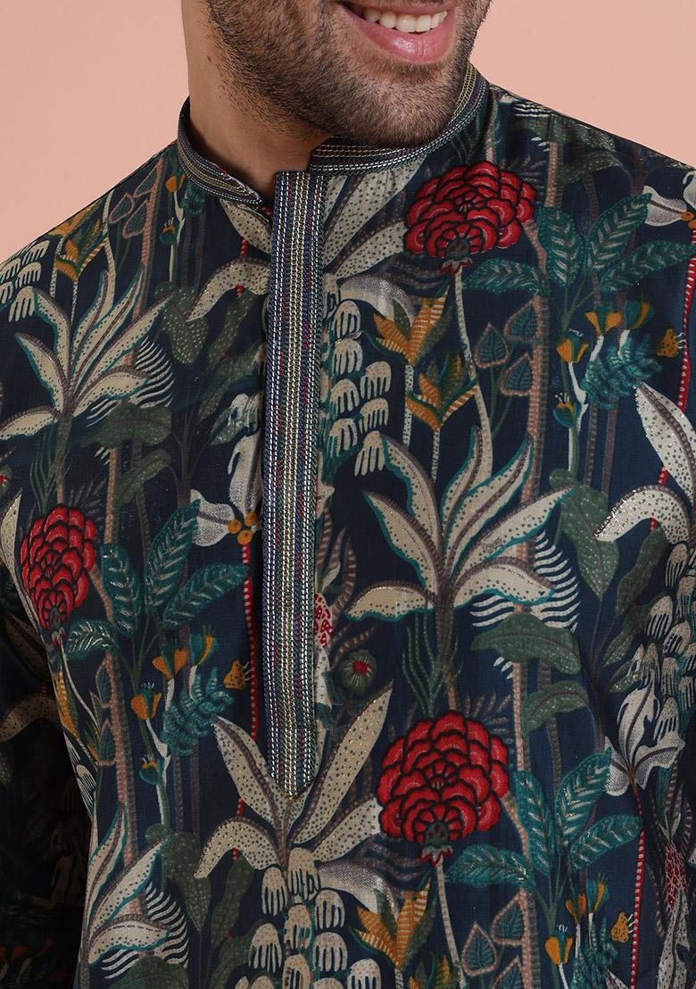 Blue Printed Cotton Kurta Set For Men