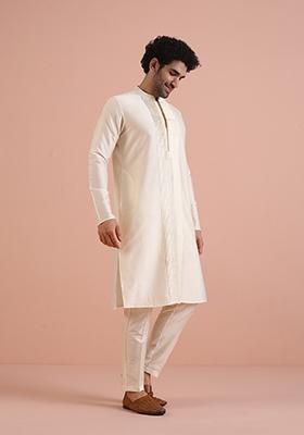 Off White Pleated Cotton Kurta Set For Men