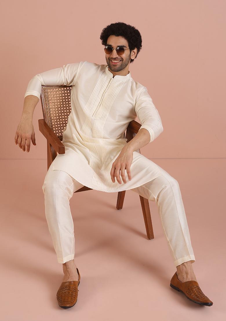 Off White Pleated Cotton Kurta Set For Men