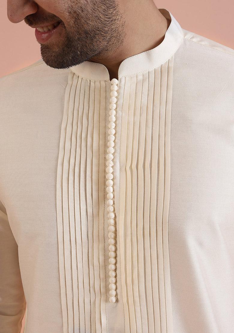 Off White Pleated Cotton Kurta Set For Men