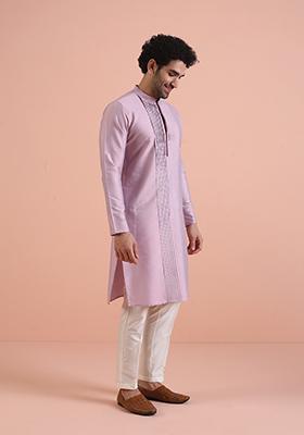 Onion Pink Pleated Cotton Kurta Set For Men