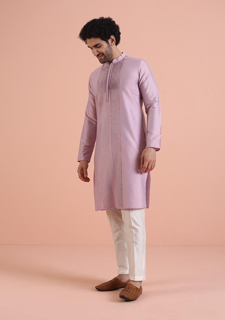 Onion Pink Pleated Cotton Kurta Set For Men