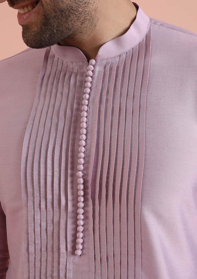 Onion Pink Pleated Cotton Kurta Set For Men