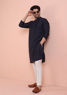 Navy Blue Pleated Cotton Kurta Set For Men