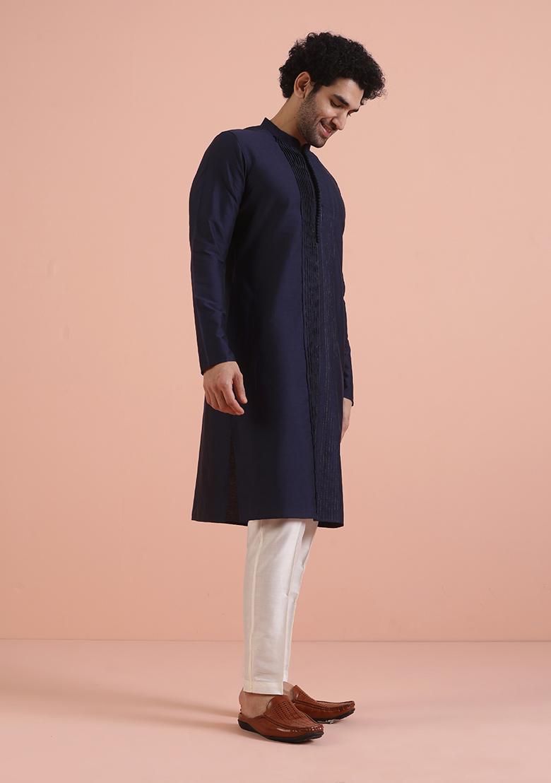 Navy Blue Pleated Cotton Kurta Set For Men
