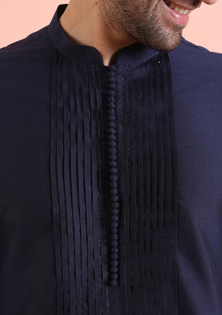 Navy Blue Pleated Cotton Kurta Set For Men