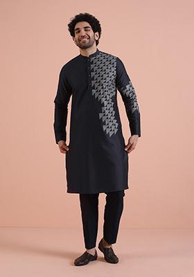 Navy Blue Printed Cotton Kurta Set For Men