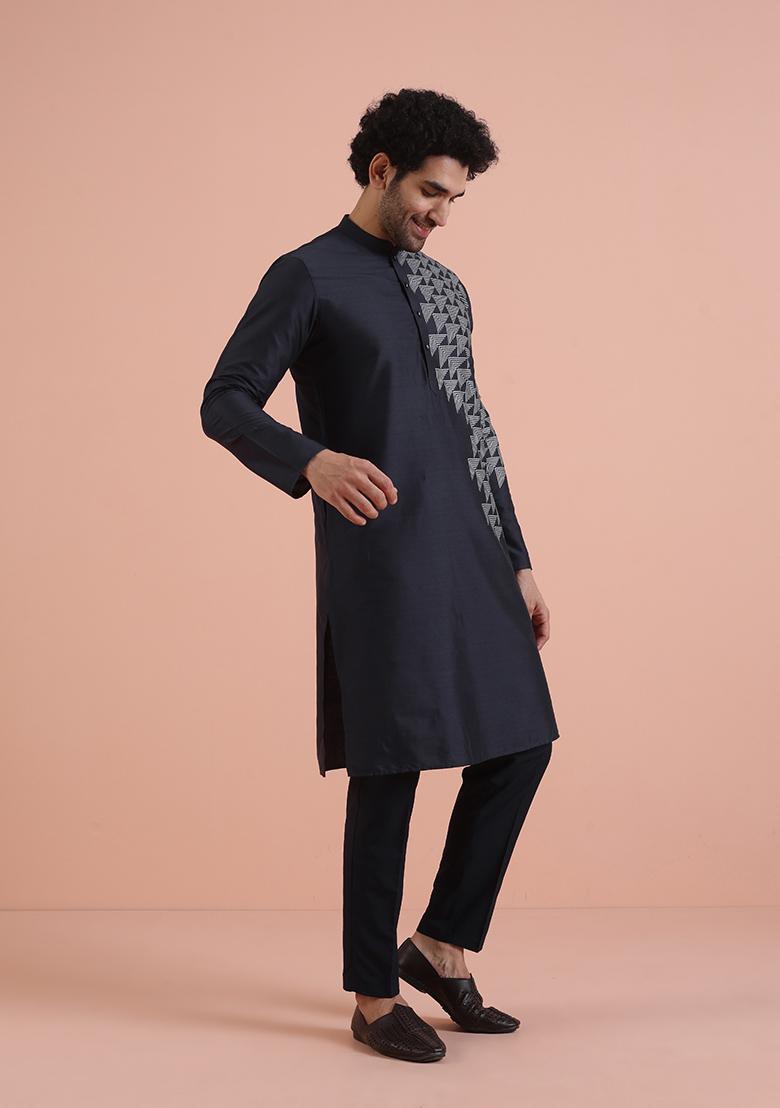 Navy Blue Printed Cotton Kurta Set For Men