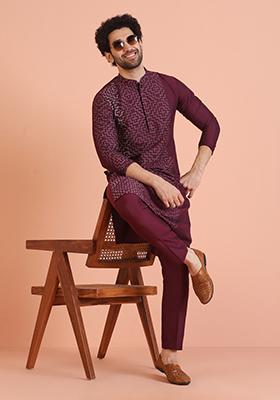 Wine Printed Cotton Kurta Set For Men