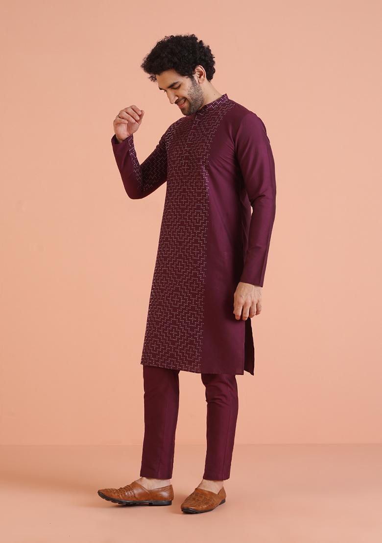 Wine Printed Cotton Kurta Set For Men
