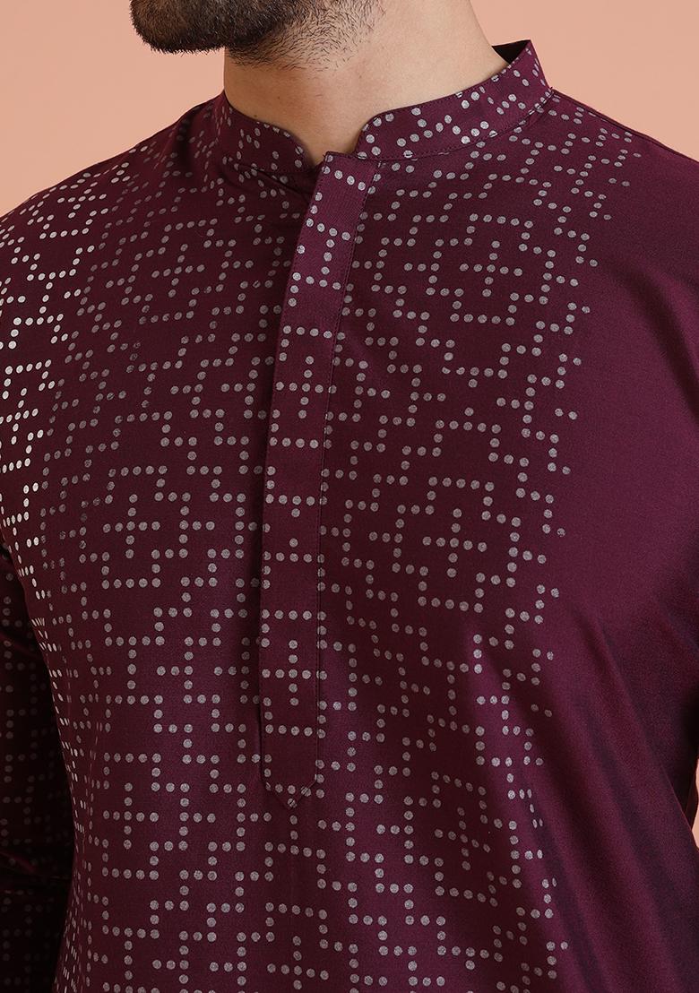 Wine Printed Cotton Kurta Set For Men