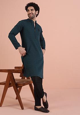 Teal Blue Embroidered Silk Kurta Set For Men