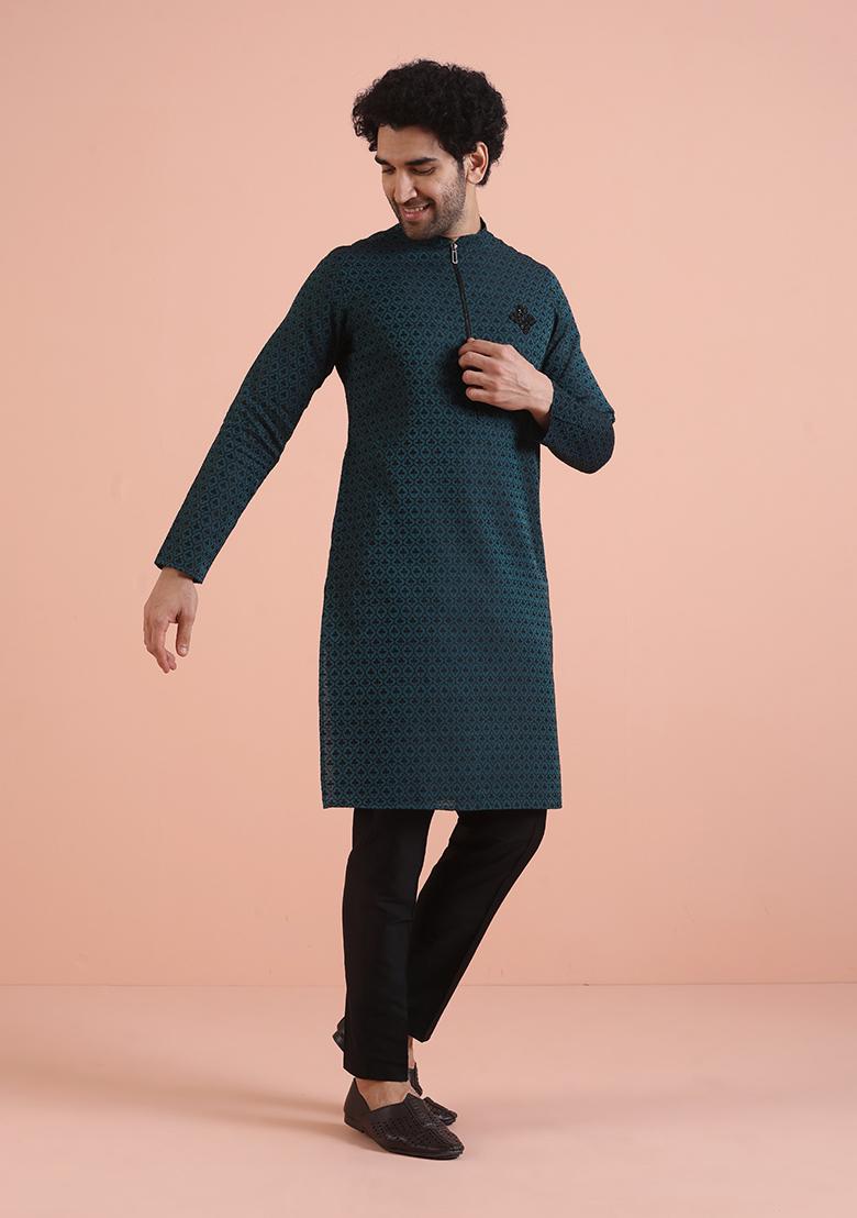 Teal Blue Embroidered Silk Kurta Set For Men