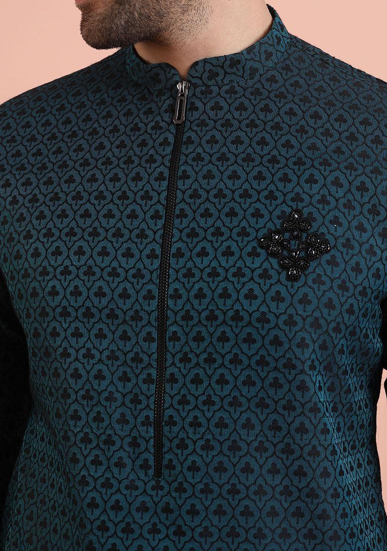 Teal Blue Embroidered Silk Kurta Set For Men