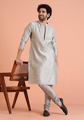 Grey Embroidered Silk Kurta Set For Men