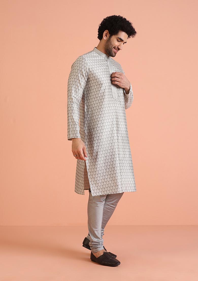 Grey Embroidered Silk Kurta Set For Men