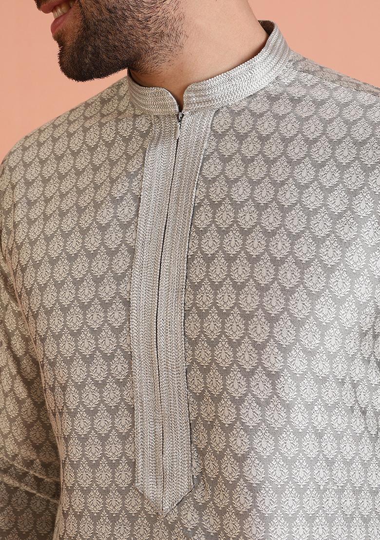 Grey Embroidered Silk Kurta Set For Men