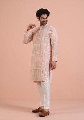Pink Embroidered Georgette Kurta Set For Men