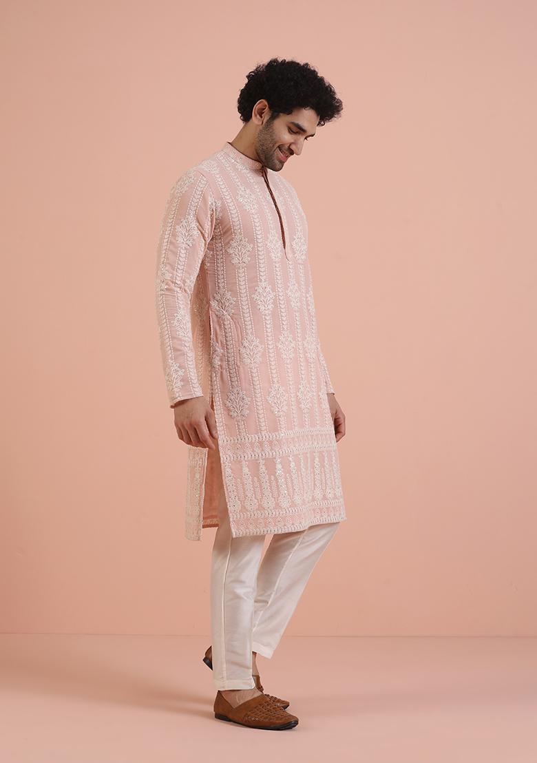 Pink Embroidered Georgette Kurta Set For Men