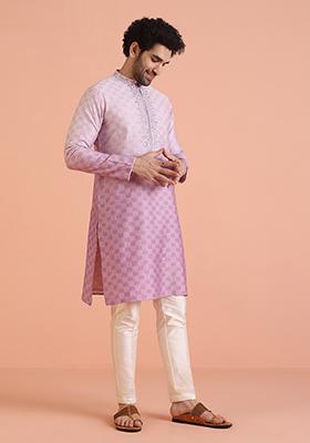 Lavender Embellished Cotton Kurta Set For Men