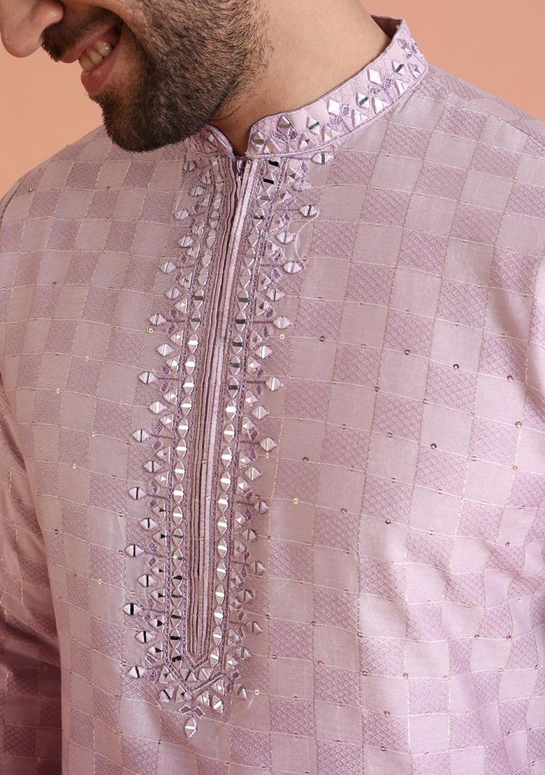 Lavender Embellished Cotton Kurta Set For Men